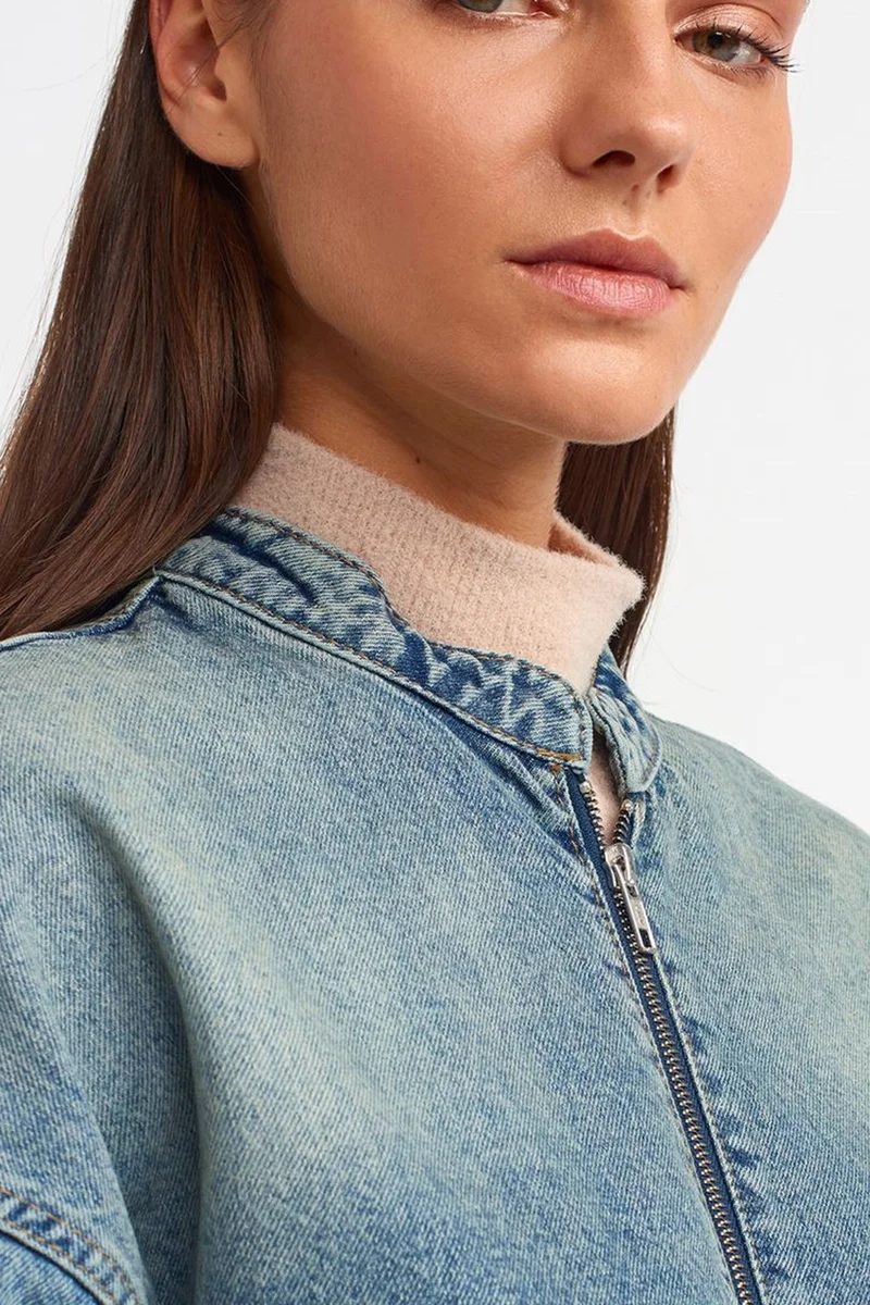 Dilvin Mid Blue Denim DILVIN Oversized Bomber Jacket for Women | Best Price UAE