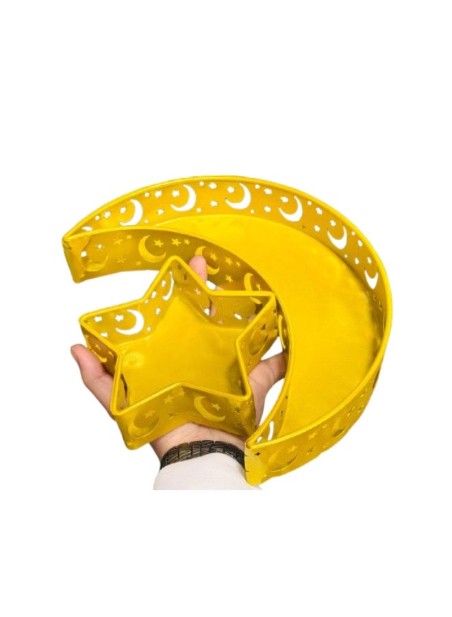 A golden moon and star-shaped serving tray, perfect for Ramadan sweets, Islamic pastries, tableware, food containers, gold - Image 1