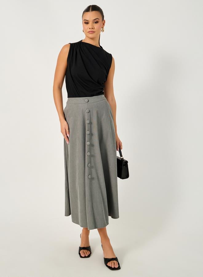 Styli Corduroy Flared Midi Skirt with Button Detail  - Image 1