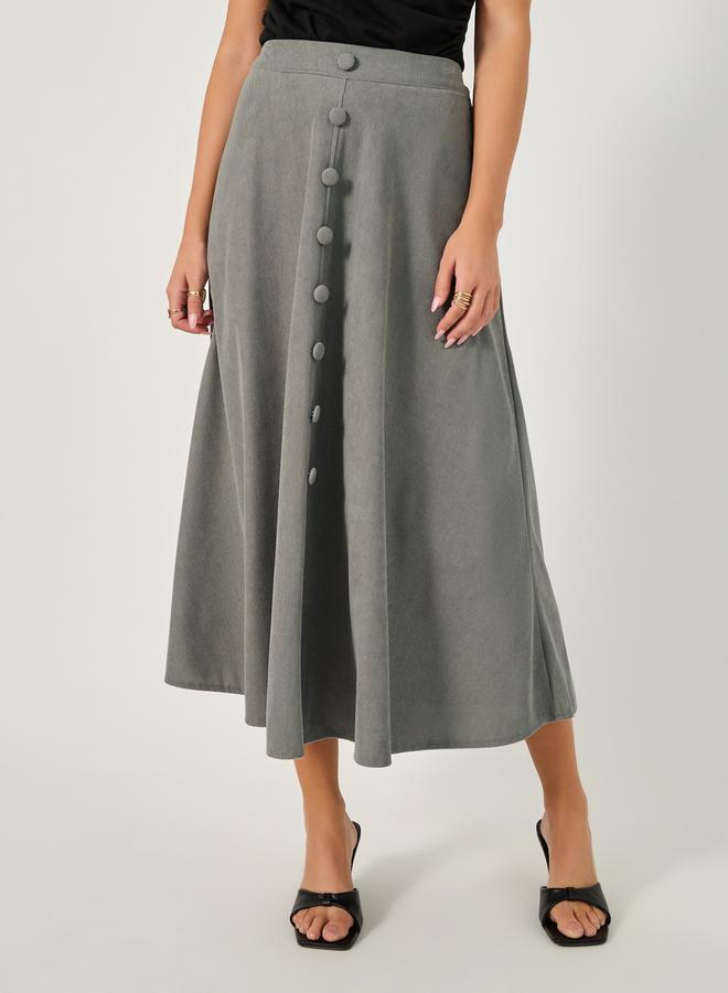 Styli Corduroy Flared Midi Skirt with Button Detail  - Image 2