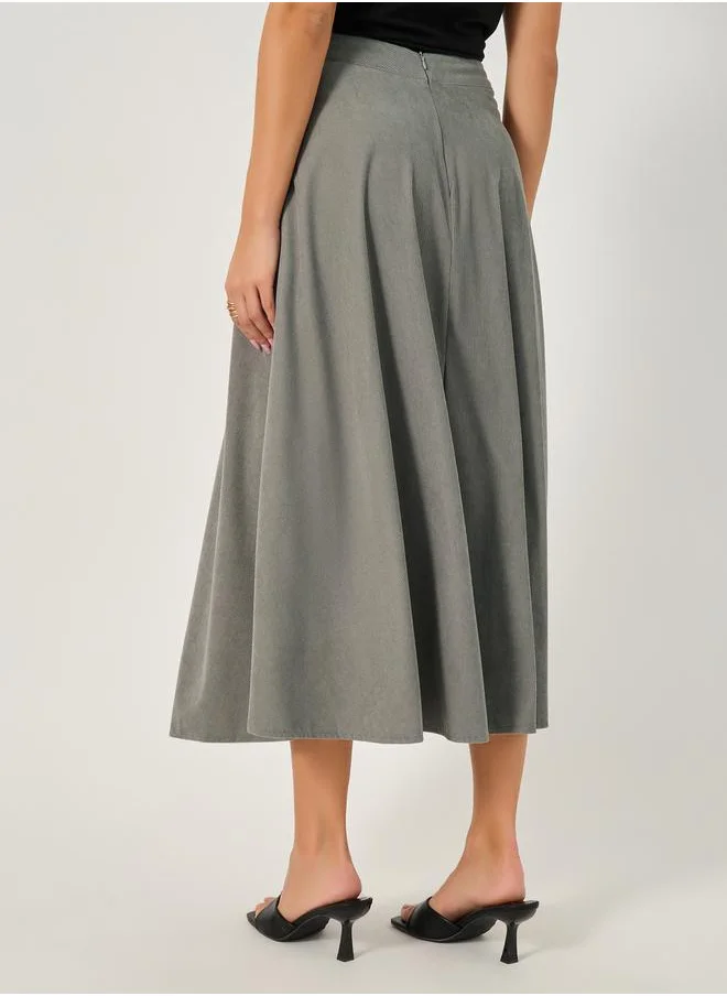 Styli Corduroy Flared Midi Skirt with Button Detail