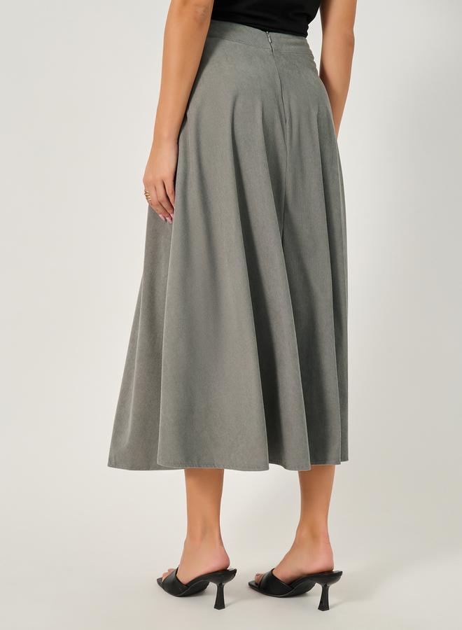 Styli Corduroy Flared Midi Skirt with Button Detail  - Image 4