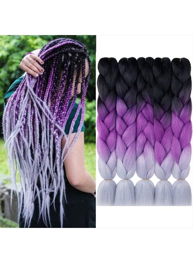 AIDUSA Color Braiding Hair 5pcs Synthetic Braid Hair Extensions 24 Inch 2 Tones for Box Braids Twist Crochet Braids 100g (#C21 Black to Purple to Gray) - Image 1