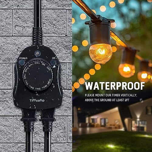 TiFFCOFiO Outdoor Christmas Light Timer, Dusk to Dawn Sensor Countdown, Outdoor Timers for Electrical Outlets Waterproof, 2 Grounded Outlets for Christmas Lights, 15A 1/2HP, CSA Listed (2 Pack) - Image 3