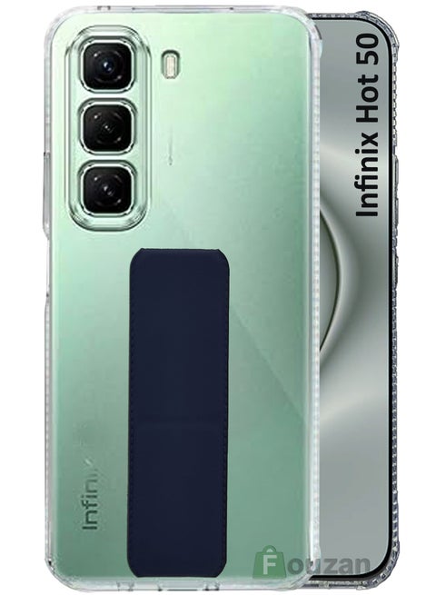 لكل من Infinix Hot 50 4G - غلاف سيليكون شفاف مضاد للصدمات - غلاف مغناطيسي مع حامل يد ودعامة - شفاف/أزرق داكن