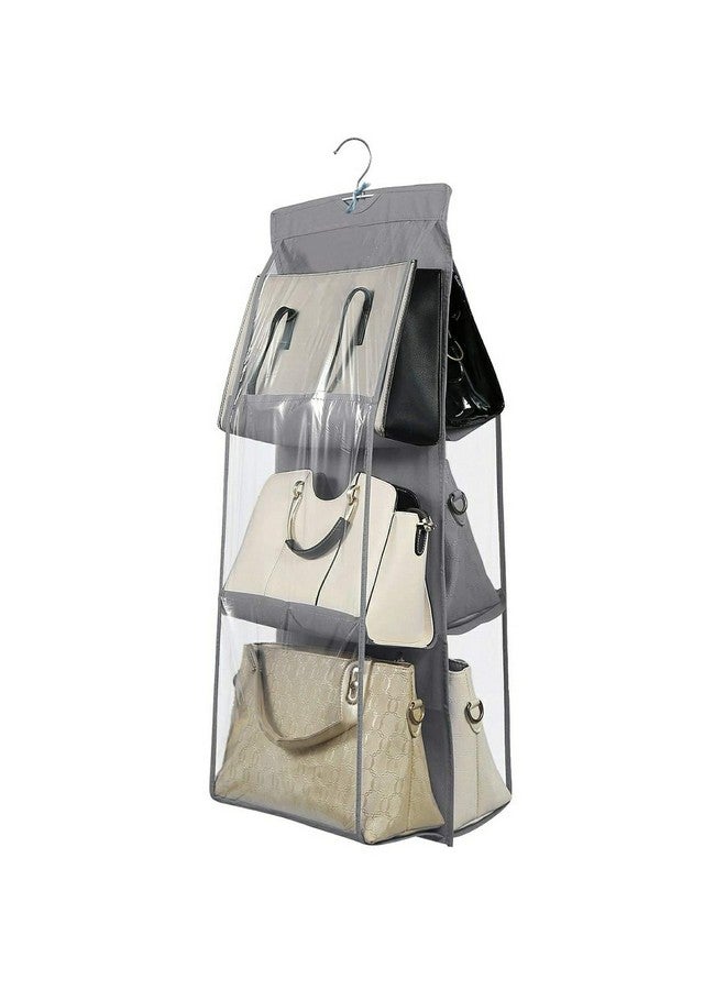 Kuber Industries Non-Woven Handbag Organizer 6 Pockets For Ladies|Non Woven Foldable Bag Organizer For Wardrobe|Transparent With Hanger (Grey) - Image 2
