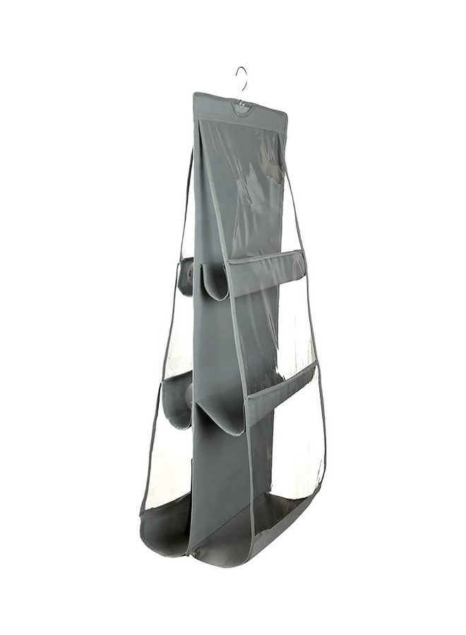 Kuber Industries Non-Woven Handbag Organizer 6 Pockets For Ladies|Non Woven Foldable Bag Organizer For Wardrobe|Transparent With Hanger (Grey) - Image 3