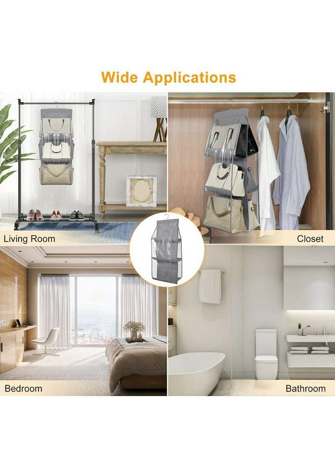 Kuber Industries Non-Woven Handbag Organizer 6 Pockets For Ladies|Non Woven Foldable Bag Organizer For Wardrobe|Transparent With Hanger (Grey) - Image 4