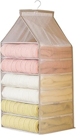 kesig kesig Foldable Wardrobe Storage Organiser for Sweater Jeans TShirt and Hanging Wardrobe Storage White Transparent Storage Shelves Unit with Hooks 6 Shelf Grid - Image 1