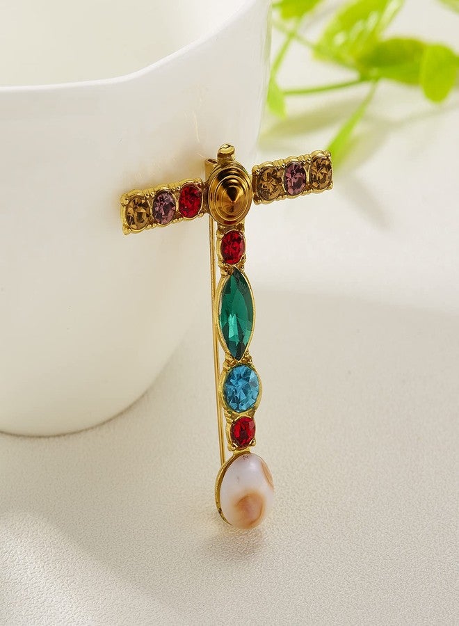 RINHOO Crystal Pearl Initial Brooch Gold Plated Enamel Colorful Letter Alphabet Breastpin Pin Jewelry for GIFTS (Gold T) - Image 2
