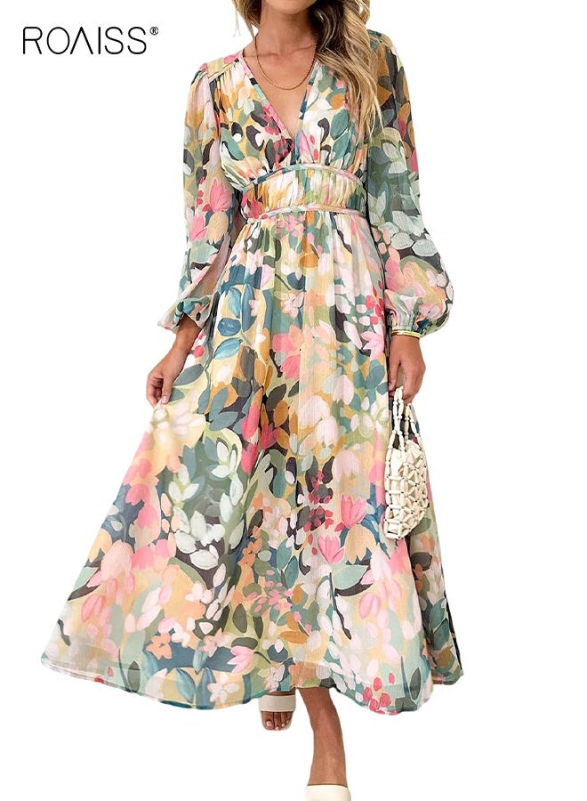 roaiss Women's Long Sleeve Boho Maxi Dress Floral Print Long Dress Pink Print Spring and Autumn Deep V High Waist Casual Midi Dress Elastic Waist Lantern Sleeve Vacation Beach for Ladies  - Image 1