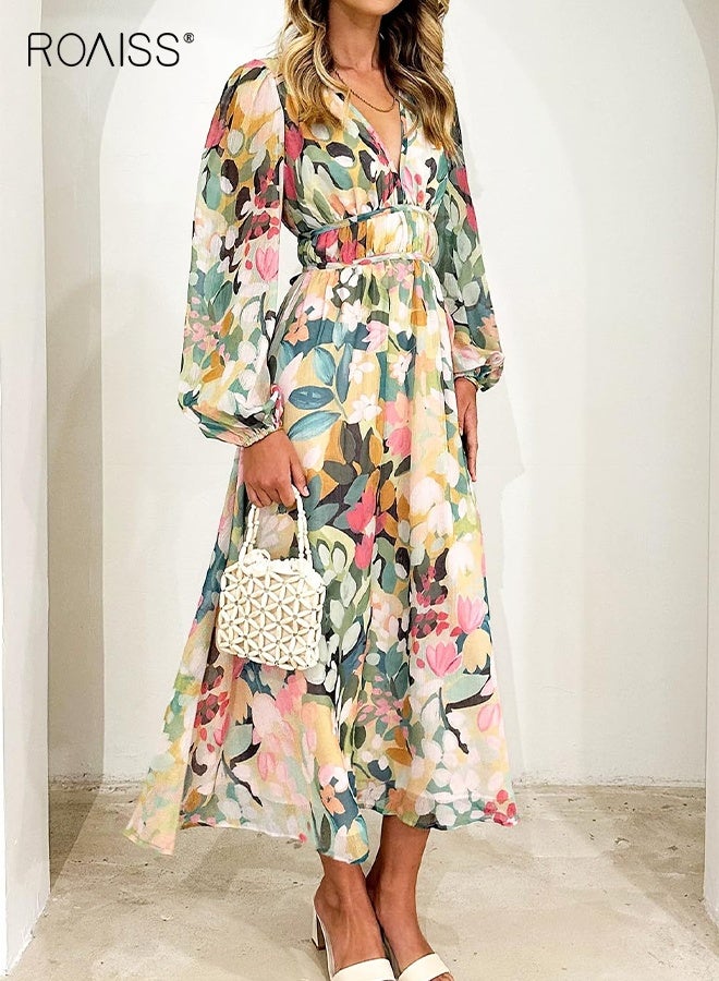 roaiss Women's Long Sleeve Boho Maxi Dress Floral Print Long Dress Pink Print Spring and Autumn Deep V High Waist Casual Midi Dress Elastic Waist Lantern Sleeve Vacation Beach for Ladies  - Image 4