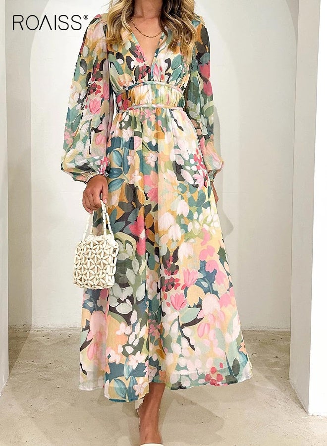 roaiss Women's Long Sleeve Boho Maxi Dress Floral Print Long Dress Pink Print Spring and Autumn Deep V High Waist Casual Midi Dress Elastic Waist Lantern Sleeve Vacation Beach for Ladies  - Image 5