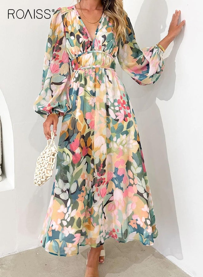 roaiss Women's Long Sleeve Boho Maxi Dress Floral Print Long Dress Pink Print Spring and Autumn Deep V High Waist Casual Midi Dress Elastic Waist Lantern Sleeve Vacation Beach for Ladies  - Image 3