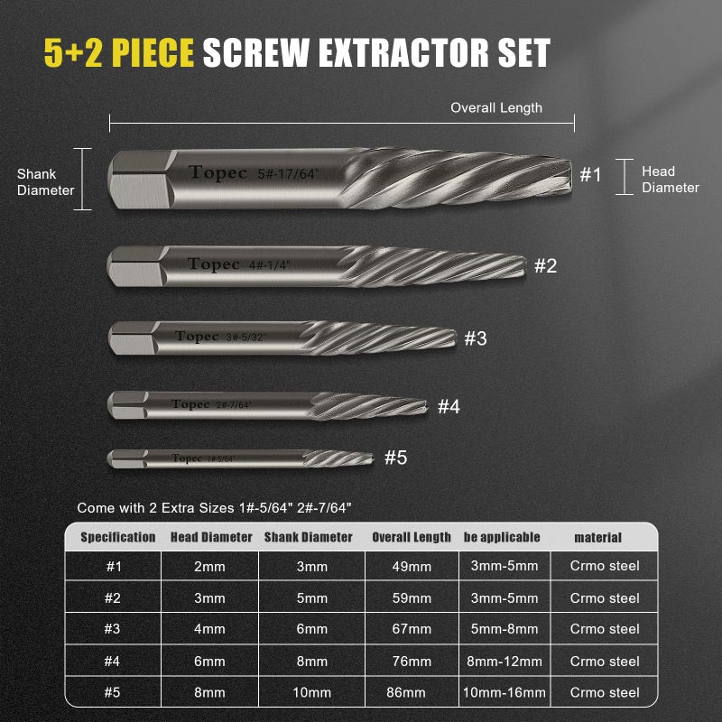 TOPEC Damaged Screw Extractor Set, 7 Piece Easy Out Bolt Extractor for Easily Remove Broken Bolts, Stripped Screws, Studs - Gifts for Men - Image 2