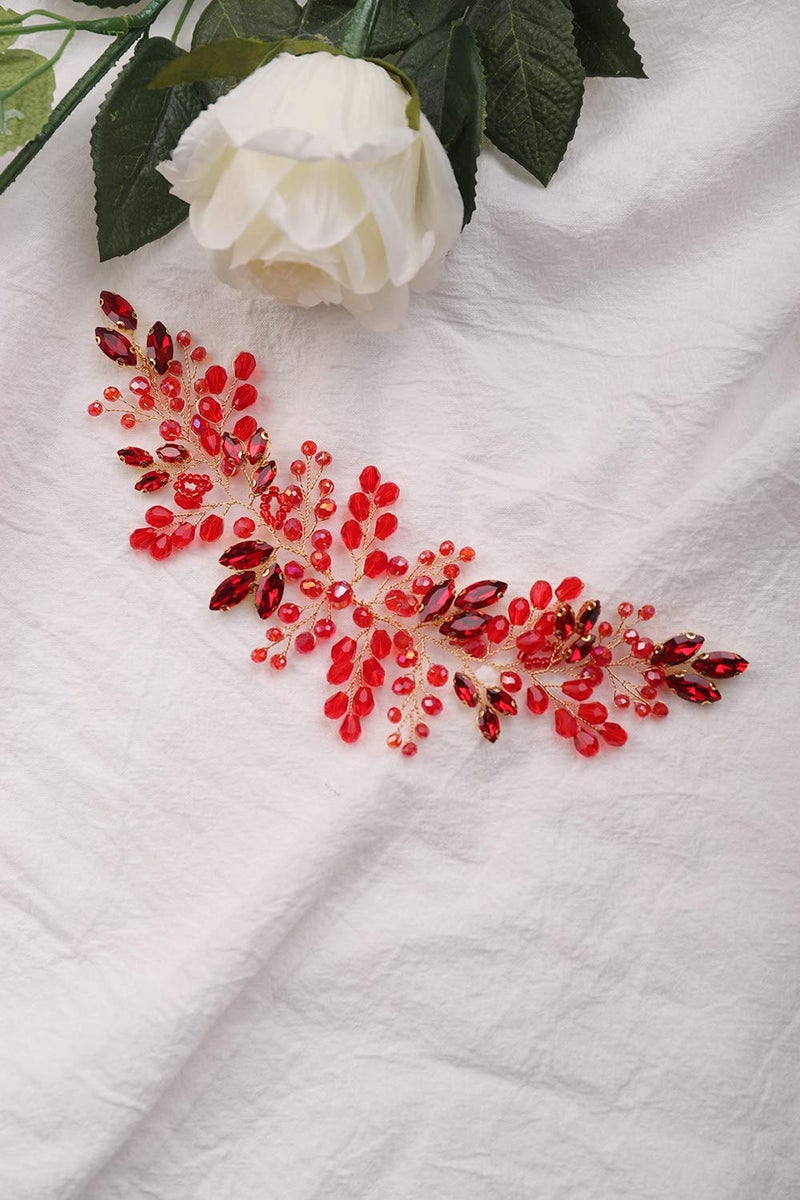 Denifery إكسسوار شعر الزفاف الأحمر من ديني فري، إكليل شعر أحمر، مجوهرات ذهبية للعروس، إكسسوارات شعر الزفاف
