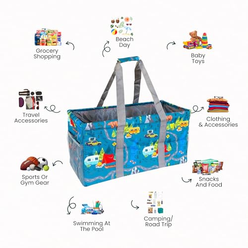 Lucazzi Extra Large Utility Tote Bag - Oversized Collapsible Reusable Wire Frame Rectangular Canvas Basket With Two Exterior Pockets For Beach, Pool, Laundry, Car Trunk, Storage - Camping - Image 2