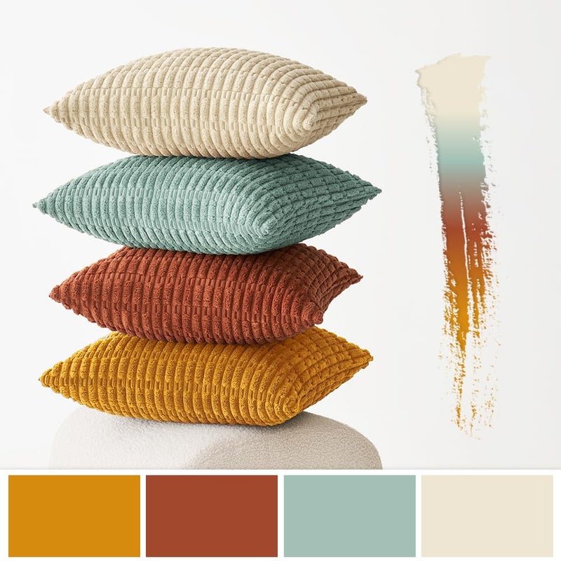 MIULEE Pack of 4 Spring Boho Farmhouse Corduroy Decorative Throw Pillow Covers 18x18 Inch Rustic Modern Soft Striped Pillow Covers Home Decor for Sofa Living Room Couch Bed Orange Teal - Image 2