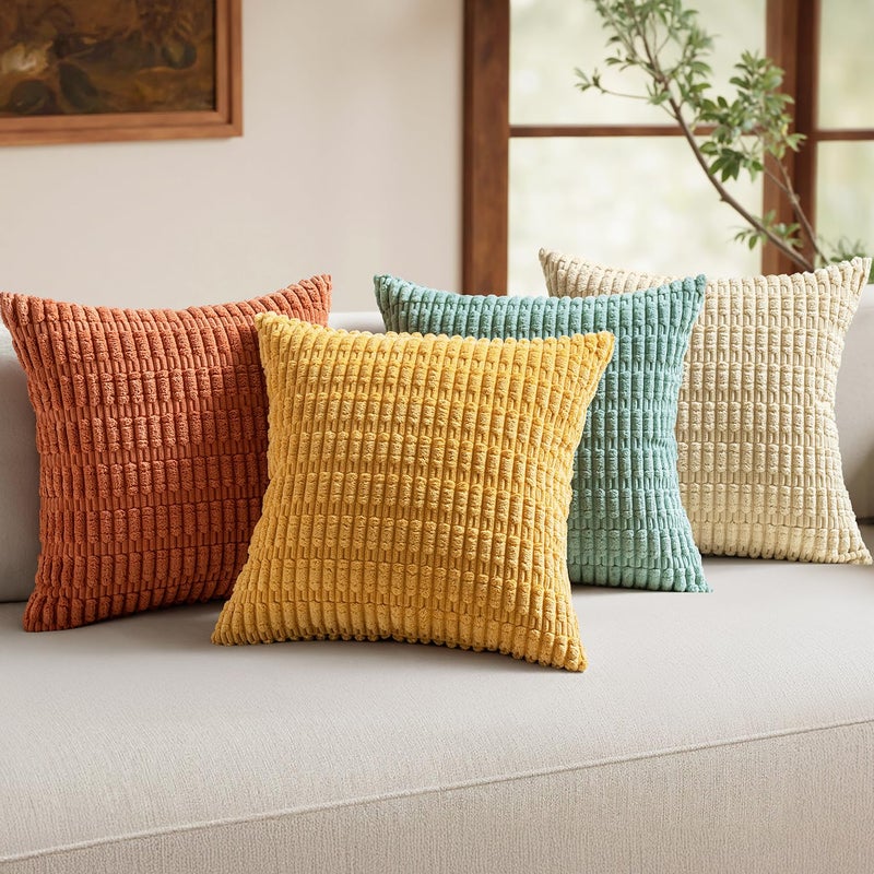 MIULEE Pack of 4 Spring Boho Farmhouse Corduroy Decorative Throw Pillow Covers 18x18 Inch Rustic Modern Soft Striped Pillow Covers Home Decor for Sofa Living Room Couch Bed Orange Teal - Image 1