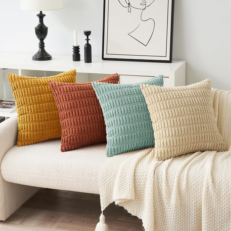 MIULEE Pack of 4 Spring Boho Farmhouse Corduroy Decorative Throw Pillow Covers 18x18 Inch Rustic Modern Soft Striped Pillow Covers Home Decor for Sofa Living Room Couch Bed Orange Teal - Image 4
