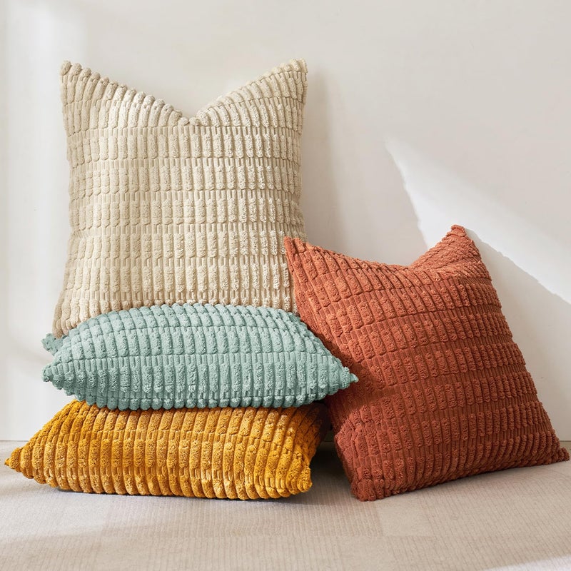 MIULEE Pack of 4 Spring Boho Farmhouse Corduroy Decorative Throw Pillow Covers 18x18 Inch Rustic Modern Soft Striped Pillow Covers Home Decor for Sofa Living Room Couch Bed Orange Teal - Image 5