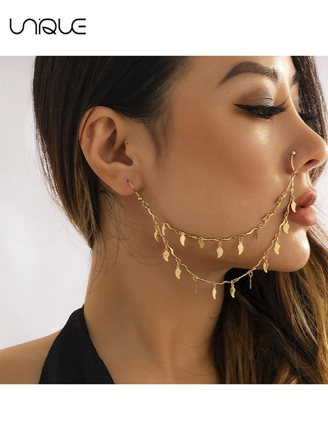 Unique Nose Ornament - Golden Leaf Tassel Nose Ornament - Non-Perforated Nose Ornament - Stylish Simple - Gifts - Image 1