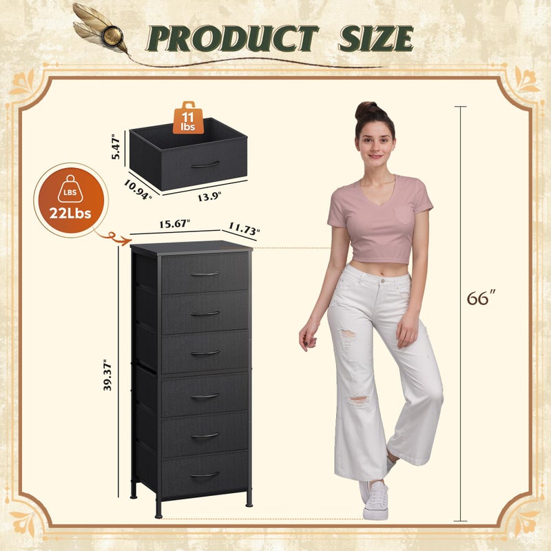 WLIVE Black Tall Dresser for Bedroom, 6 Drawer Dressers & Chests of Drawers, Fabric Dresser for Closet, Living Room, Night Stand with Metal Frame, Storage Tower with Fabric Bins, Wood Top - Image 3