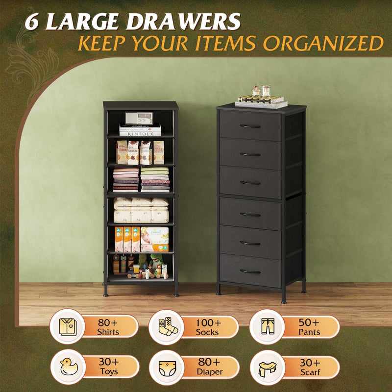 WLIVE Black Tall Dresser for Bedroom, 6 Drawer Dressers & Chests of Drawers, Fabric Dresser for Closet, Living Room, Night Stand with Metal Frame, Storage Tower with Fabric Bins, Wood Top - Image 4