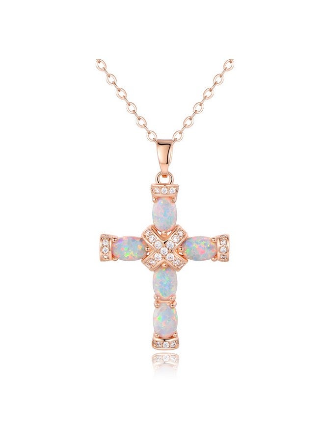 Barzel 18K Rose Gold Plated Created Opal Cross Necklace Pendant, 18 Inches With 2 Inches Extension (Rose Gold) - Image 1