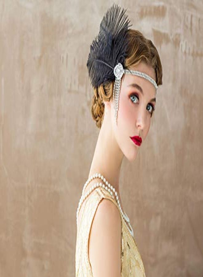 SWEETV Flapper Headbands Womens 1920S Headpiece Great Gatsby Inspired Feather Headband Cocktail Party Rhinestone Hair Accessories For Women, Black - Image 5