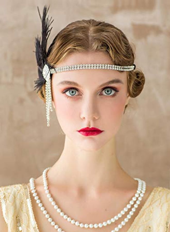SWEETV Flapper Headbands Womens 1920S Headpiece Great Gatsby Inspired Feather Headband Cocktail Party Rhinestone Hair Accessories For Women, Black - Image 4