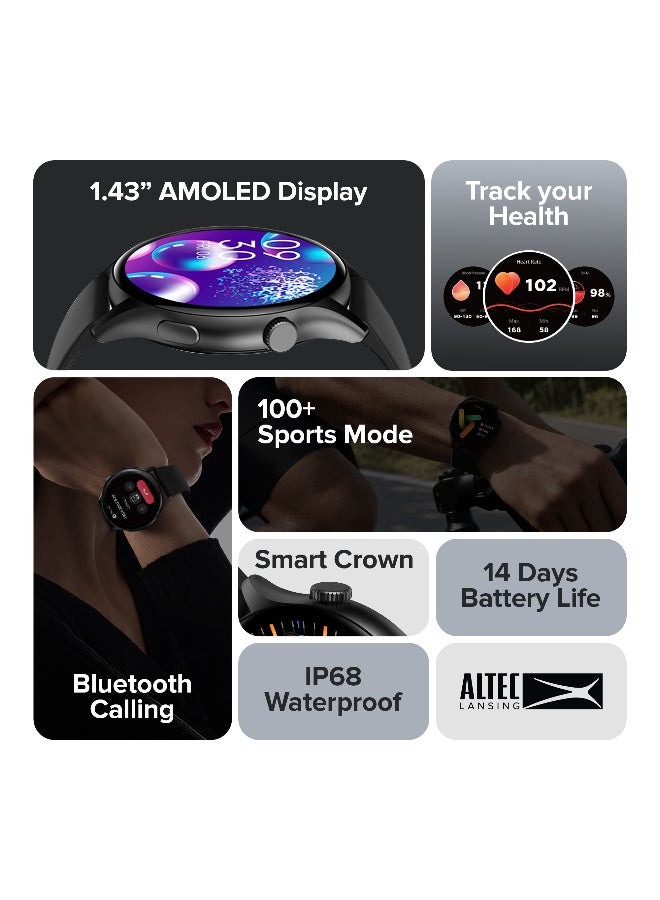ألتك لانسينج ساعة أكتكور الذكية | شاشة AMOLED كبيرة 1.43 بوصة، مكالمات بلوتوث، مقاومة للماء بمعيار IP68، أكثر من 100 وضع رياضي، متتبع صحي (عمر بطارية من 5 إلى 7 أيام) - أسود مع حزام إضافي - Image 2