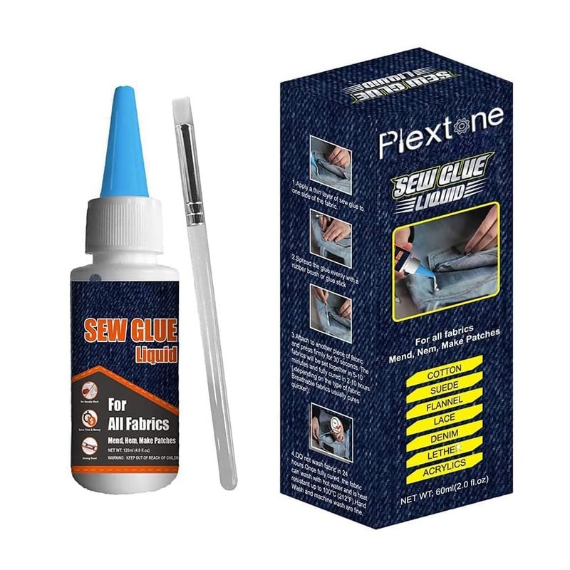 Plextone 1 Min Quick Bonding Fast Dry Sew Glue Liquid Reinforcing Adhesive Speedy Fix for All Fabrics Clothing Cotton Flannel Denim Leather Polyester Doll Repair 60ml - Image 2