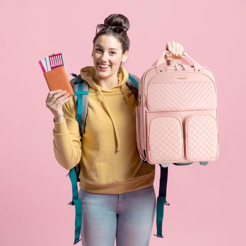 Arcoyard Underseat Carry On Luggage with Wheels, Airline Approved Personal Item Bag, Multiple Compartment Travel Carry-On with Leather Handle, Soft Side Lightweight Rolling Suitcase for Women, Pink, L - Image 2