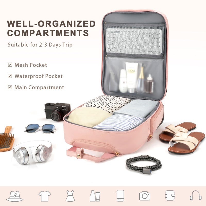 Arcoyard Underseat Carry On Luggage with Wheels, Airline Approved Personal Item Bag, Multiple Compartment Travel Carry-On with Leather Handle, Soft Side Lightweight Rolling Suitcase for Women, Pink, L - Image 4