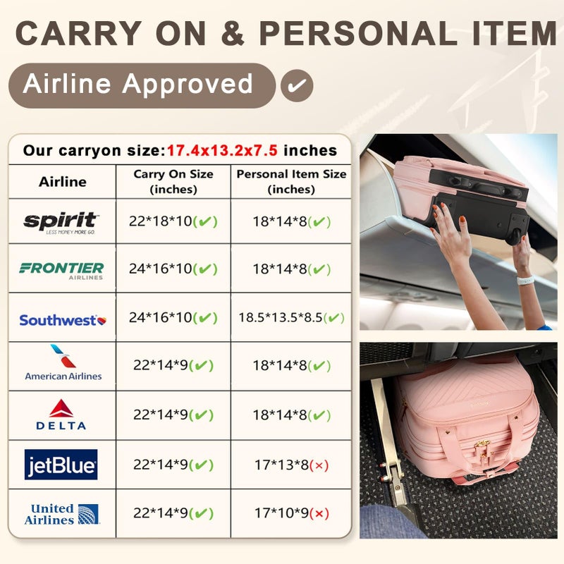 Arcoyard Underseat Carry On Luggage with Wheels, Airline Approved Personal Item Bag, Multiple Compartment Travel Carry-On with Leather Handle, Soft Side Lightweight Rolling Suitcase for Women, Pink, L - Image 3