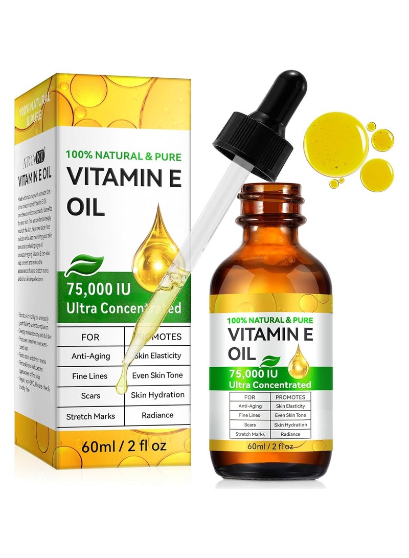 ATOANY Vitamin E Oil, 75,000 IU, 100% Pure & Natural Vitamin E Oil for Skin, Face, Hair, Nails & Scars, Body Bath Moisturizing Dry Skin and Winkles, Non-GMO & Vegan  - Image 1