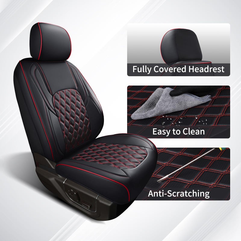 Huidasource 2018-2025 Wrangler JL Front Seat Covers, 2Pcs Front Seat Covers for Jeep Wrangler JL 2-Door/4-Door, Custom Fit Full Coverage Wrangler Seat Cushion Protector (Front Pair/Black&Red) - Image 3