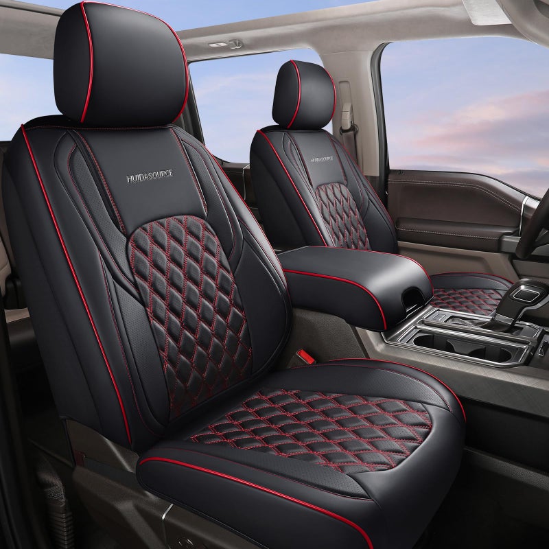 Huidasource 2018-2025 Wrangler JL Front Seat Covers, 2Pcs Front Seat Covers for Jeep Wrangler JL 2-Door/4-Door, Custom Fit Full Coverage Wrangler Seat Cushion Protector (Front Pair/Black&Red) - Image 1