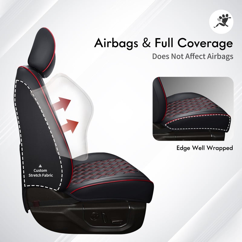 Huidasource 2018-2025 Wrangler JL Front Seat Covers, 2Pcs Front Seat Covers for Jeep Wrangler JL 2-Door/4-Door, Custom Fit Full Coverage Wrangler Seat Cushion Protector (Front Pair/Black&Red) - Image 4