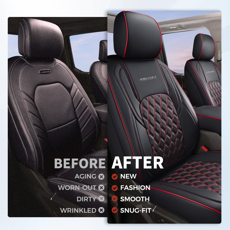 Huidasource 2018-2025 Wrangler JL Front Seat Covers, 2Pcs Front Seat Covers for Jeep Wrangler JL 2-Door/4-Door, Custom Fit Full Coverage Wrangler Seat Cushion Protector (Front Pair/Black&Red) - Image 5