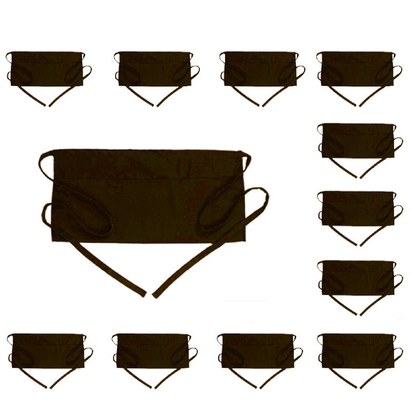 BOHARERS BOHARERS Waist Apron with 3 Pockets 12 Pack - Brown Waitress Server Short Apron  - Image 1