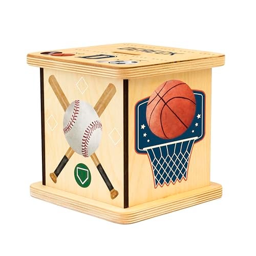 BloomOwl Wooden Piggy Bank for Kids and Adults, Personalized Gift Handmade in USA by BloomOwl, Custom Piggy Bank, Personalized Banks for Kids, Gifts for Baby Boys and Girls (Sports) - Image 1