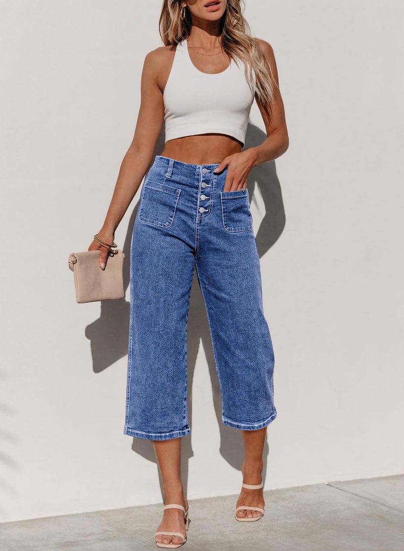 Sidefeel Women's Wide Leg Jeans Zimbaplatinum High Waisted Stretchy Capri Pants Loose Denim Pants Light Blue Size 4 - Image 5