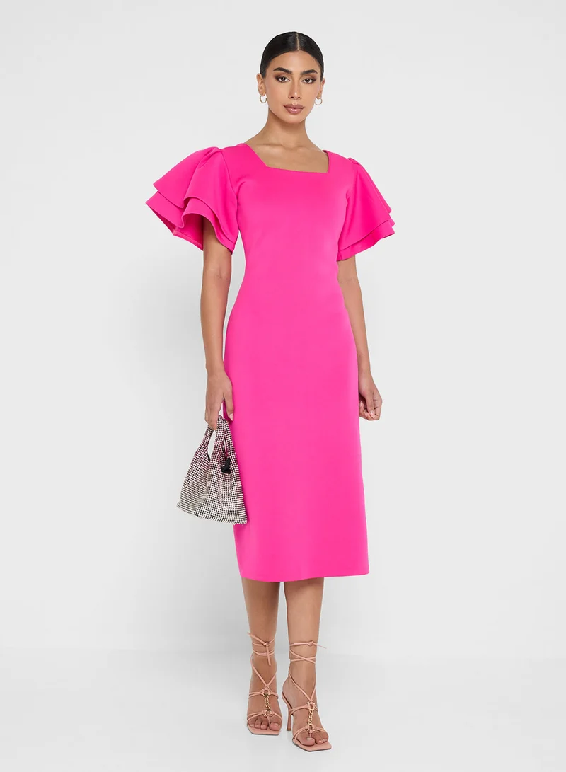 Golden Apple Ruffle Short Sleeve Midi Dress