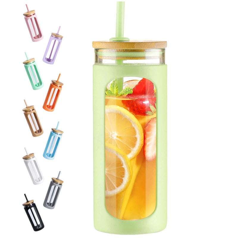 Kodrine 20oz Glass Tumbler with Straw and Lid Iced Coffee Cups with Bamboo Lids Glass Cups for Cold Drinks Smoothie Cup with Silicone Sleeve for Travel Work BPA FREEMintCream