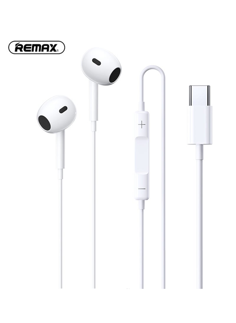 REMAX RM570a Wired Earphones with Type C Connector, Headphones Earbuds Built-in Microphone & Volume Control for Music and Call, White, Type C - Image 1