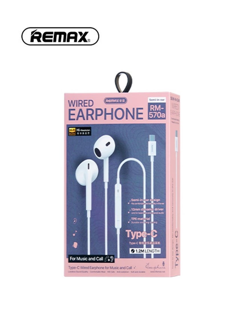 REMAX RM570a Wired Earphones with Type C Connector, Headphones Earbuds Built-in Microphone & Volume Control for Music and Call, White, Type C - Image 4