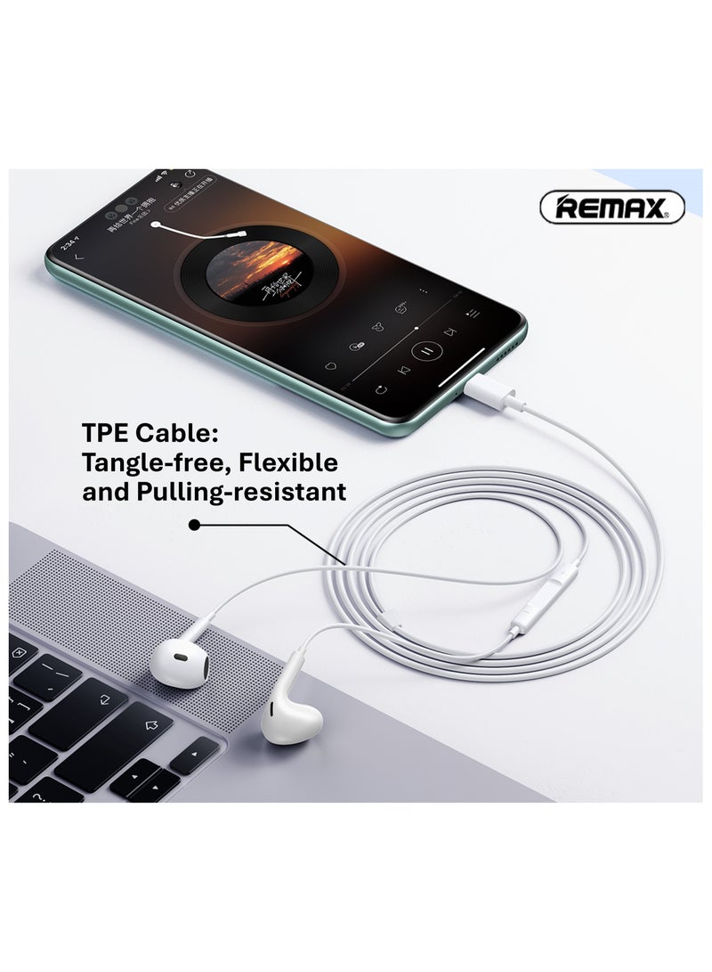 REMAX RM570a Wired Earphones with Type C Connector, Headphones Earbuds Built-in Microphone & Volume Control for Music and Call, White, Type C - Image 3