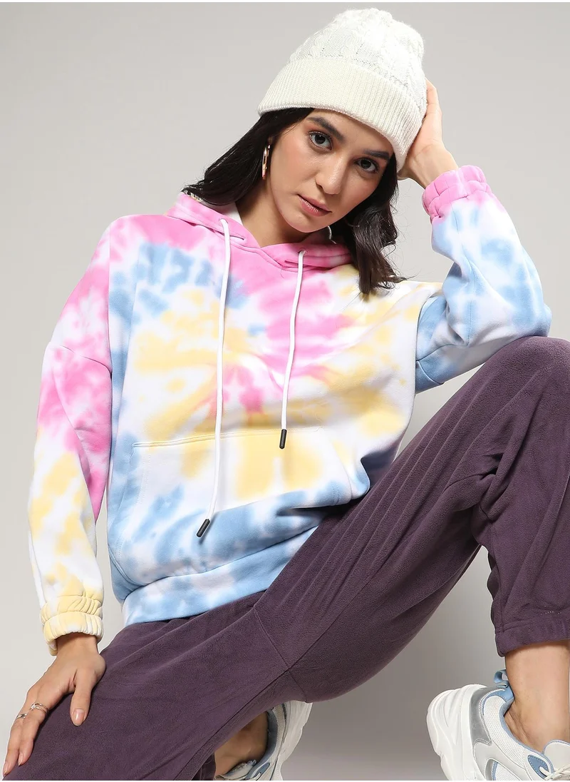 Campus Sutra Women's Powder Blue & Blush Pink Oversized Tie-Dye Hoodie